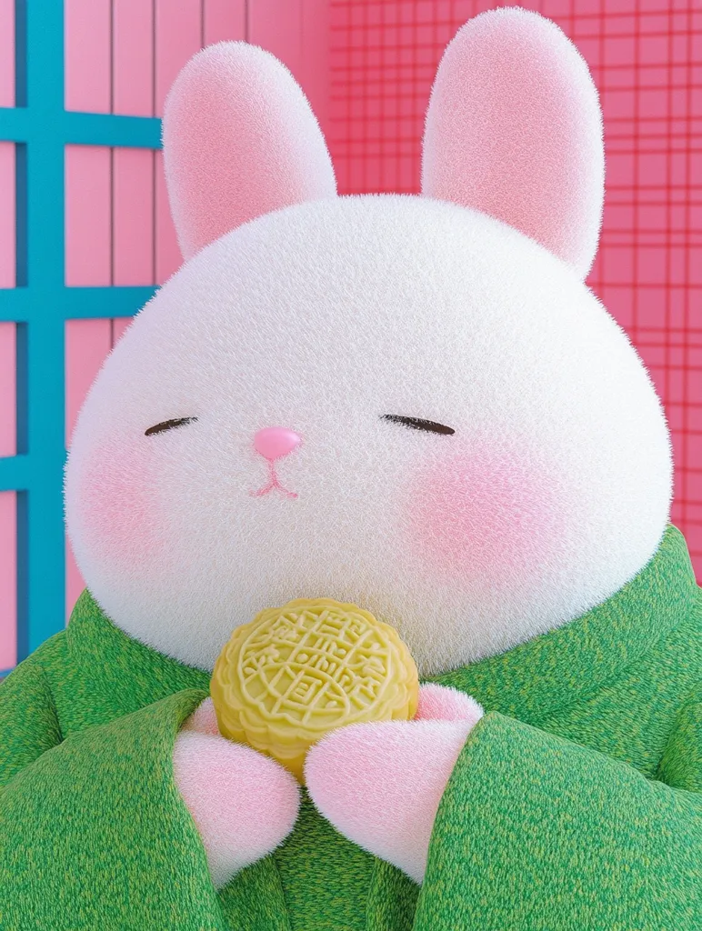 A white fluffy bunny with pink ears and cheeks is wearing a green robe. It is holding a yellow mooncake in its paws.  The bunny has its eyes closed and appears to be content. The background is a soft pink and blue checkered pattern.  The overall image evokes a sense of cuteness and tranquility.