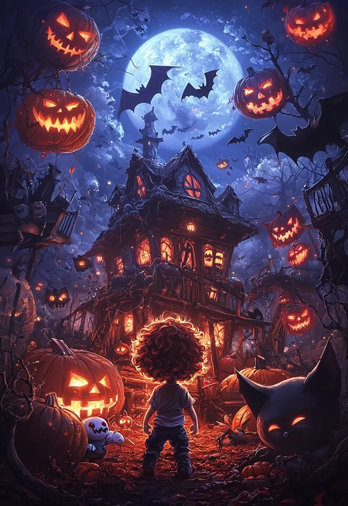 A young child with curly hair stands in front of a spooky, glowing house, surrounded by jack-o-lanterns, bats, and a large, full moon. The house is lit with warm, inviting light, creating a magical and eerie ambiance. The child is looking at the scene with curiosity and excitement, adding a touch of innocence to the otherwise menacing setting.