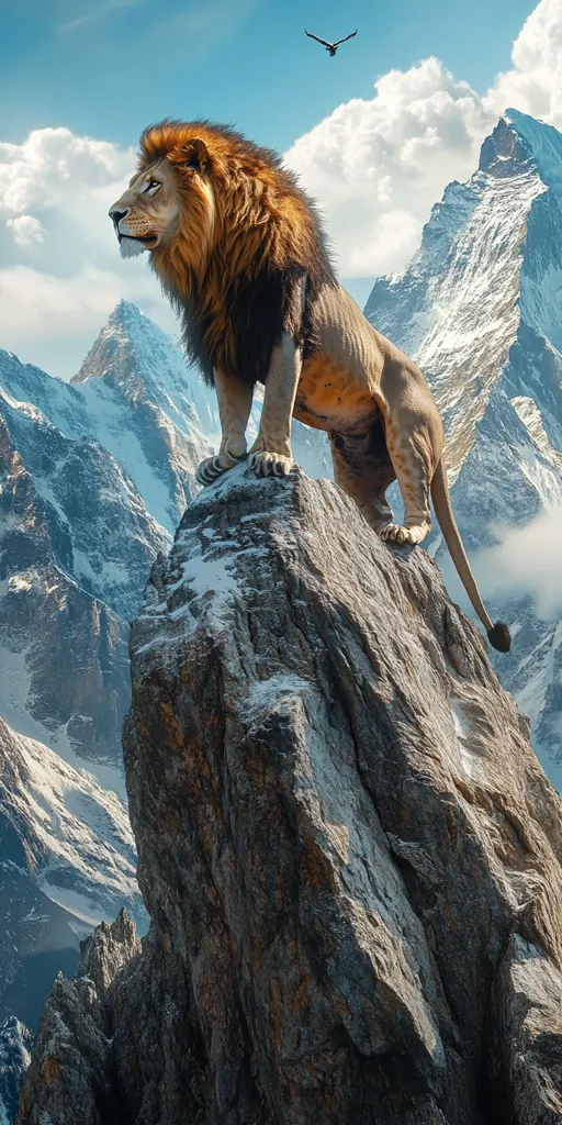 A majestic lion stands on a rocky precipice, gazing out over a breathtaking landscape of snow-capped mountains. The lion's powerful stance and determined expression suggest a sense of strength and authority, while the vast expanse of the mountain range evokes feelings of awe and wonder. A lone bird flies overhead, adding a touch of tranquility to the scene. The image conveys a sense of solitude and the beauty of nature.