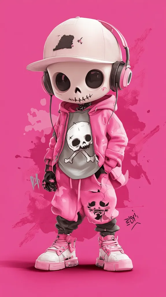A cartoon skull character with big eyes, wearing pink clothing, a white baseball cap, and headphones. The character stands on a pink background, with a skull and crossbones design on its shirt. The image is bright and playful, with a hint of a rebellious attitude.  The character has a charmingly mischievous expression.