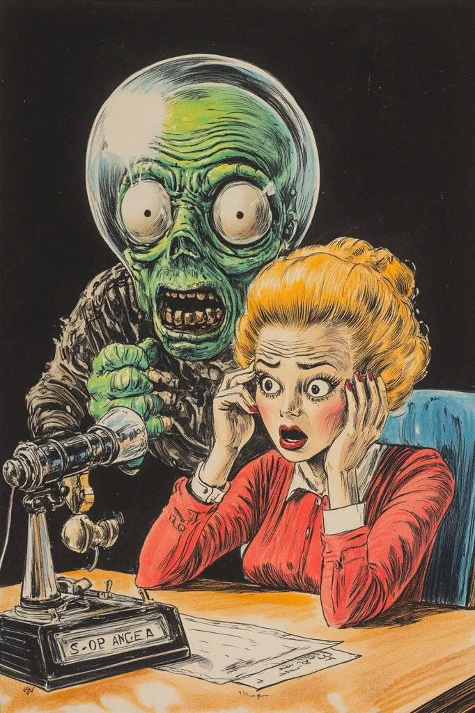 A green alien with large eyes and a wide open mouth leans over a woman sitting at a desk, who is holding her head in her hands with a look of terror on her face. The alien is holding a microphone up to the woman's face, with an old fashioned telephone on the desk. The scene is drawn in a comic book style with bold lines and bright colors.