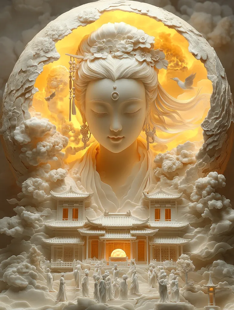 The image is a 3D sculpture of a serene scene. A woman with closed eyes and a serene expression sits in a moon-shaped structure. The moon emits a soft, warm glow, illuminating a small, intricately carved temple below. The scene is filled with intricate details, including delicate flowers, flowing robes, and swirling clouds. The sculpture captures a sense of peace and tranquility, suggesting a spiritual or celestial realm.
