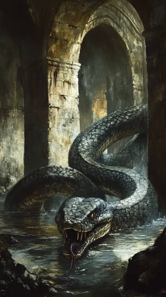 A massive, dark green snake, with sharp teeth and glowing eyes, lurks in a dark, watery cavern. The snake's body wraps around crumbling stone pillars, its head resting on the water's surface. The scene is ominous and foreboding, suggesting danger and mystery within the cavern.