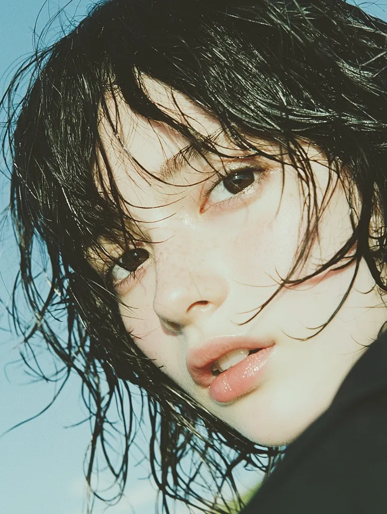 A close-up image of a young woman with wet, dark hair framing her face. Her eyes are a deep brown, and her lips are slightly parted, revealing a hint of her teeth. The light catches her skin, highlighting her freckles and giving her a youthful glow. The image has a soft, dreamy quality, as if captured in a moment of quiet reflection.