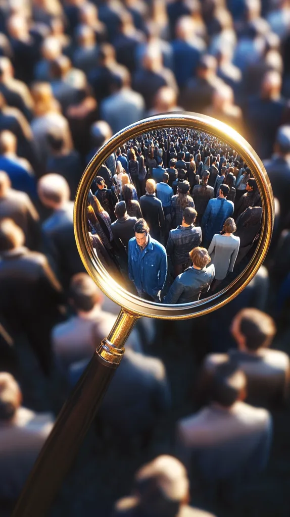 A magnifying glass is positioned over a large crowd of people, focusing on a smaller group within. The crowd is blurred and indistinct, while the individuals in the magnifying glass are clearer and more defined. The image symbolizes the act of searching for something or someone specific within a large and overwhelming crowd.