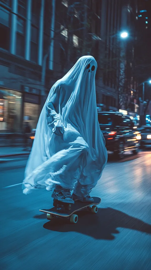 A ghostly figure, dressed in a flowing white sheet, rides a skateboard down a city street at night. The street is deserted and the only light comes from street lamps and the headlights of a car in the background. The ghost's face is hidden by the sheet, but two black eyes peek out from under the hood. The ghost's long, flowing hair is illuminated by the streetlights, and its shoes are visible at the bottom of the frame. The image is surreal and eerie, suggesting a world where the living and the dead coexist.