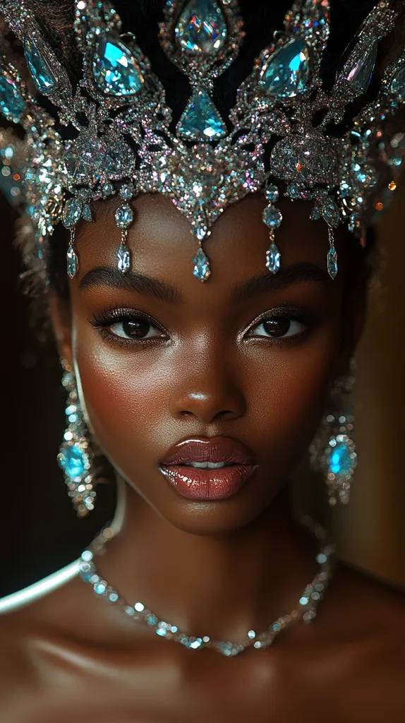 A close-up portrait of a woman with dark skin wearing a sparkling tiara and necklace adorned with blue gemstones. Her eyes are lined with dark makeup and her lips are painted a glossy red. The focus is on her face, which radiates a sense of confidence and regality. The image is striking and creates an air of mystery and beauty.