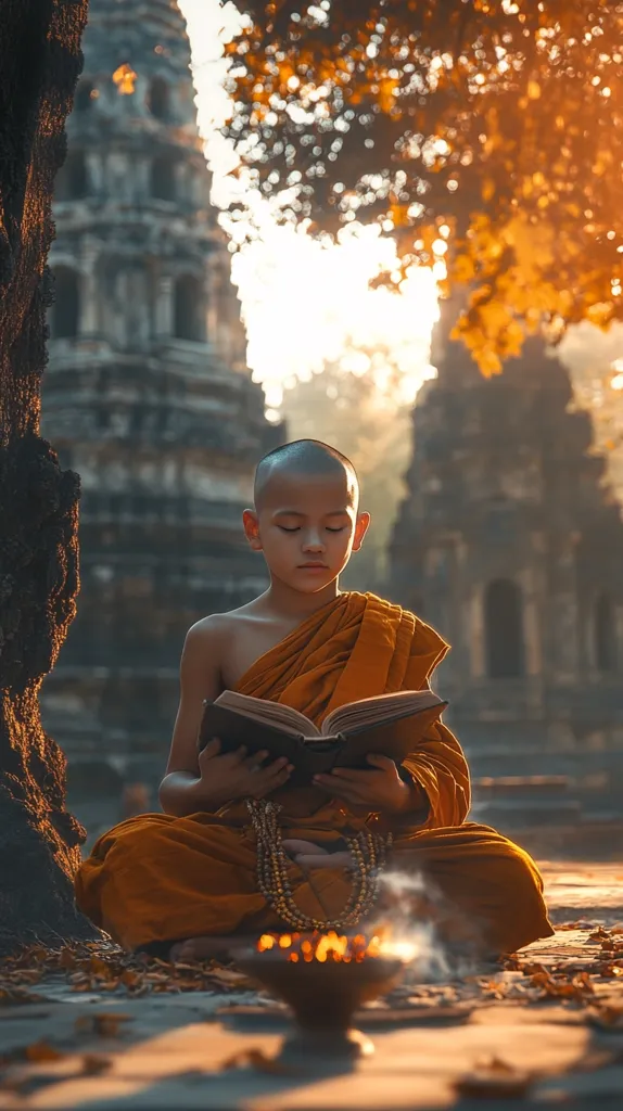 A young monk, dressed in saffron robes, sits cross-legged at the base of a tree, intently reading a book. The setting sun casts a warm glow on his face, and a small incense burner smokes nearby. In the background, a grand, ancient temple stands tall, with its intricate details partially obscured by the foliage of a large tree. The scene evokes a sense of peace and tranquility, highlighting the importance of spirituality and knowledge.