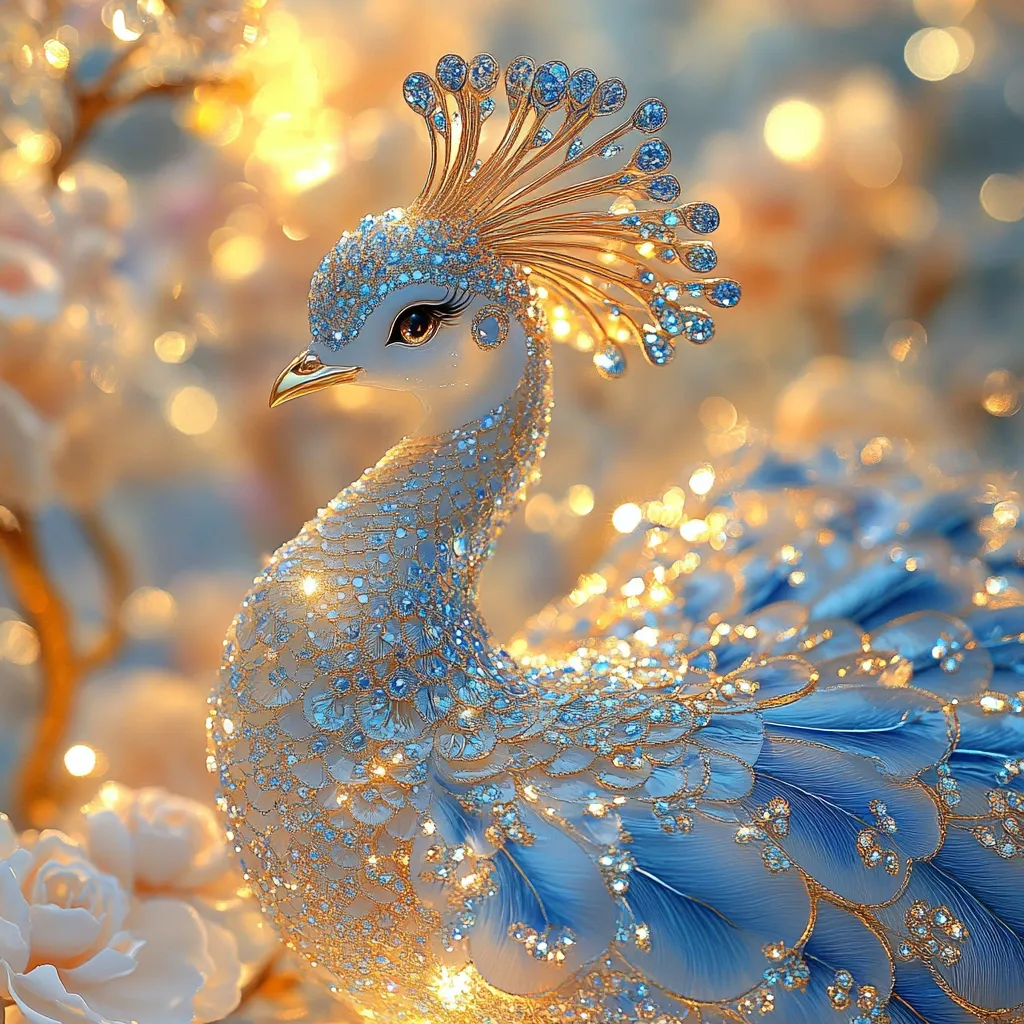 A close-up of a porcelain peacock figurine, adorned with intricate details of gold and blue jewels. The figurine is set against a backdrop of soft, warm lighting, creating a dreamy and luxurious ambiance. The peacock's feathers are spread out, showcasing the beauty of the craftsmanship and the intricate design. The overall effect is one of elegance and sophistication.