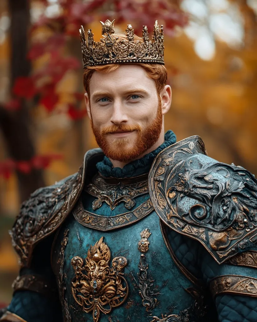 A man with a red beard and a crown is wearing intricately detailed armor. The armor is a teal color with gold accents and a dragon motif. He has a warm smile and blue eyes. The background is blurry and out of focus, highlighting the man and his attire. He appears to be a king or a royal figure.