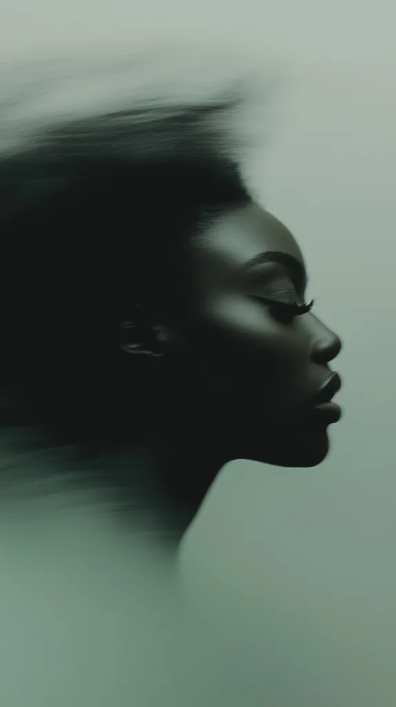 The image shows a woman's face in profile, with her hair blurred and flowing upwards. The background is a soft, muted green. The woman's expression is serene, with her eyes closed and lips slightly parted. The image creates a sense of tranquility and mystery, inviting viewers to contemplate the woman's inner thoughts and emotions.