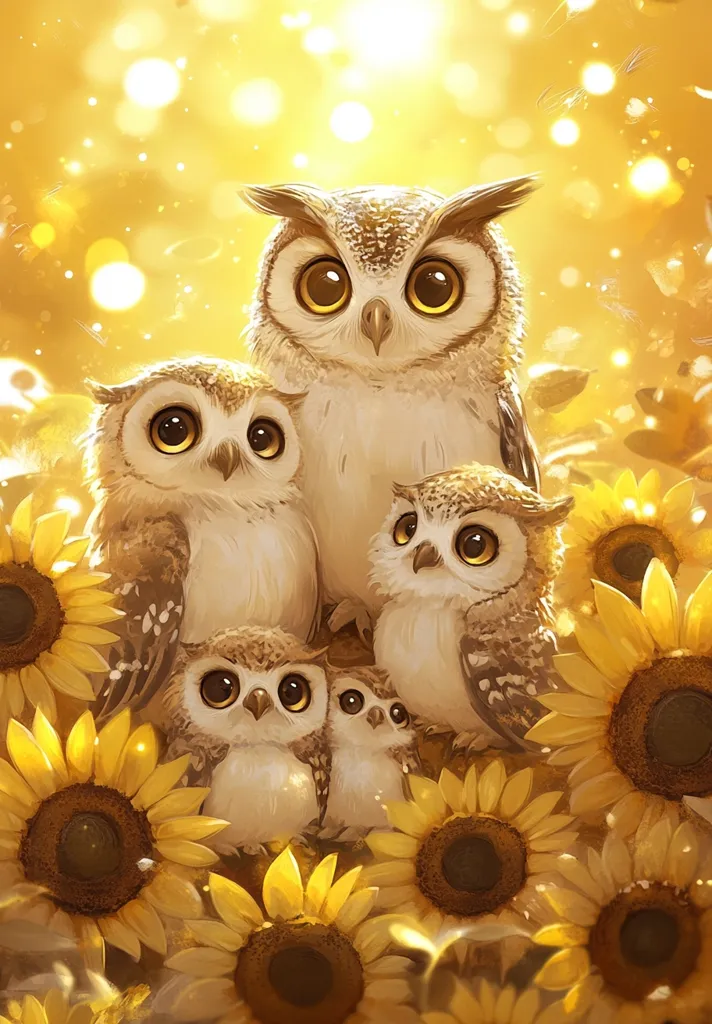 A family of four owls with large, round eyes are nestled in a field of sunflowers. The background is a warm golden yellow, highlighting the owls' soft, fuzzy features. The image evokes a sense of warmth and family.  The owls are surrounded by sunflowers in full bloom, creating a sense of vibrant color and life.