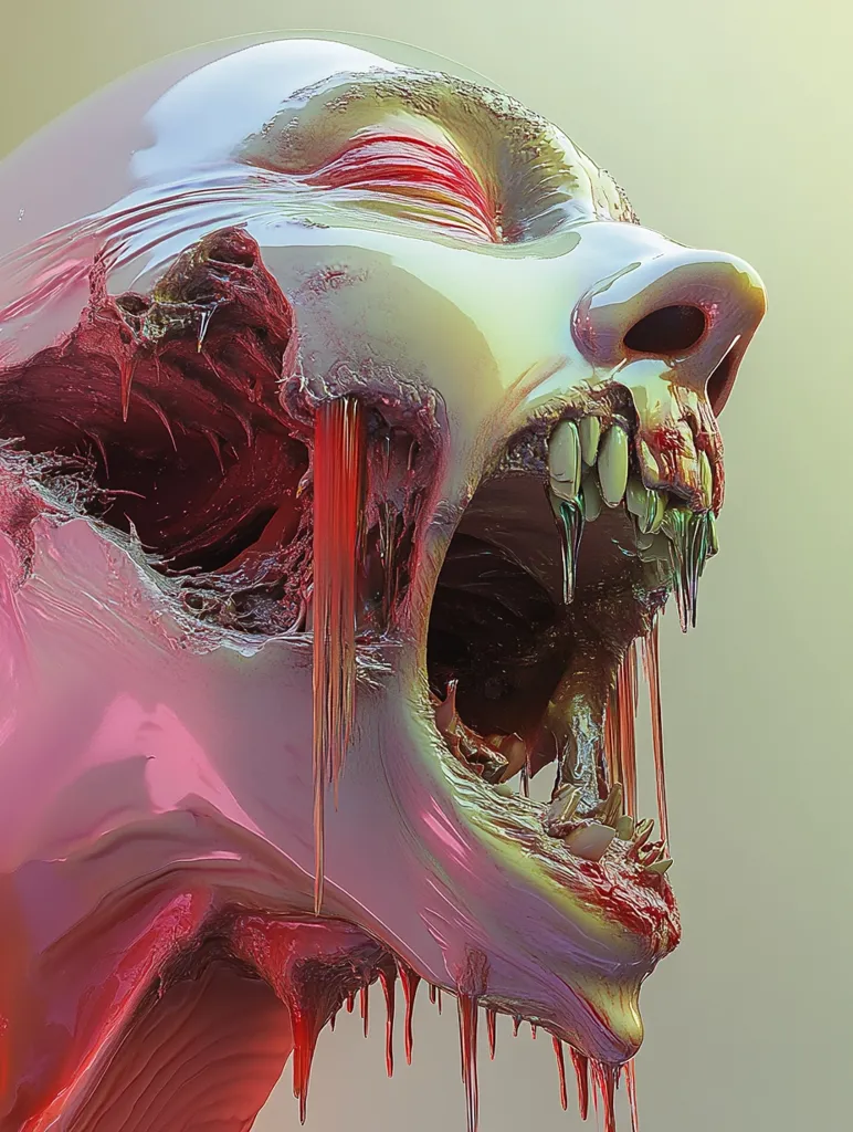 A grotesque, distorted human head with a gaping maw. The head is covered in a fleshy, dripping substance that appears to be melting or decaying. The mouth is wide open, revealing sharp teeth and a long, red tongue. The eyes are closed, and the head is tilted back as if in pain or agony. The overall impression is one of horror and disgust. The image is likely digitally rendered, using a surreal and unsettling style.