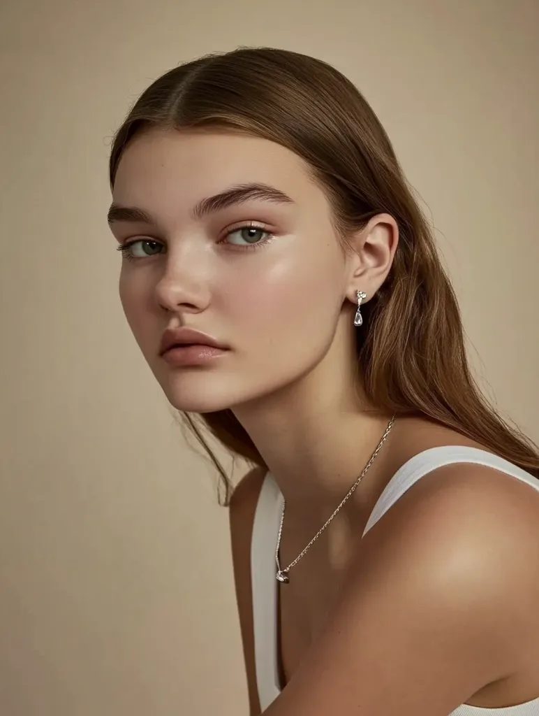 A young woman with long brown hair, wearing a simple white tank top, looks directly at the camera. She is wearing a delicate silver necklace and matching earrings. The background is a soft, neutral beige. Her expression is serious and thoughtful. The overall image is one of understated beauty and elegance.