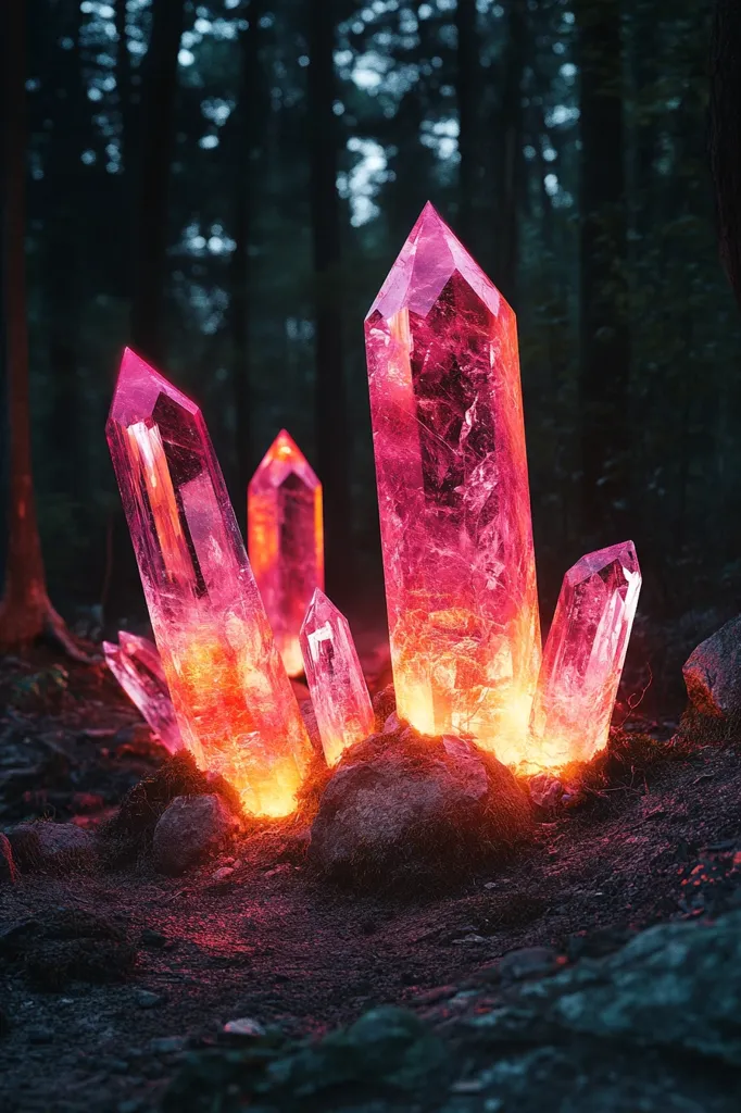 Several large pink crystals are glowing with an orange light in a dark forest. They are surrounded by rocks and dirt. The crystals are all different shapes and sizes, but they are all equally beautiful. The light from the crystals illuminates the surrounding area, creating a sense of mystery and magic. The image is dark and moody, but also beautiful and captivating. The image evokes a sense of wonder and awe, as if the viewer has stumbled upon something magical and unexpected.