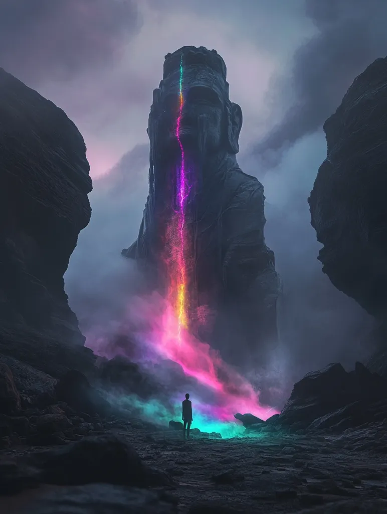 A lone figure stands before a towering, monolithic structure, its surface cracked open, revealing a glowing, multicolored rift. The structure stands amidst a dark, rocky landscape, as if a portal to another world.  The figure appears dwarfed by the colossal structure and the vastness of the surrounding landscape. The scene evokes a sense of mystery and awe, hinting at a journey of discovery or perhaps a confrontation with the unknown.