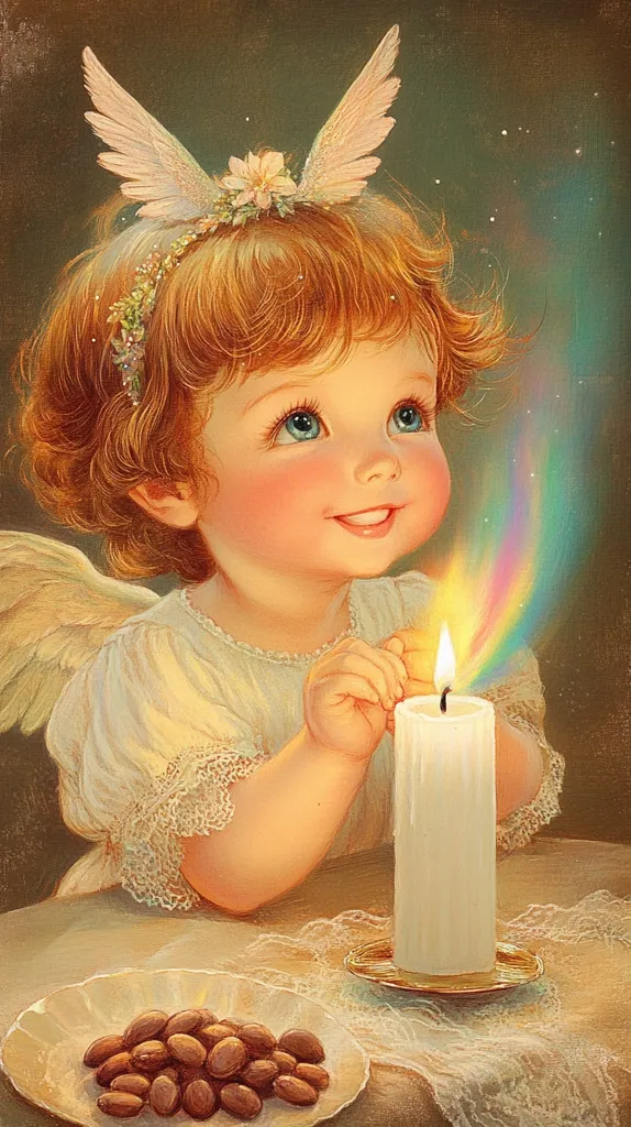 A young girl with angel wings and a flower crown is seated at a table with a lit candle. She is smiling as she looks at the candle, which is surrounded by a rainbow-colored glow. The table is covered in white lace and there is a plate of nuts in front of her. The image evokes a sense of innocence and wonder.