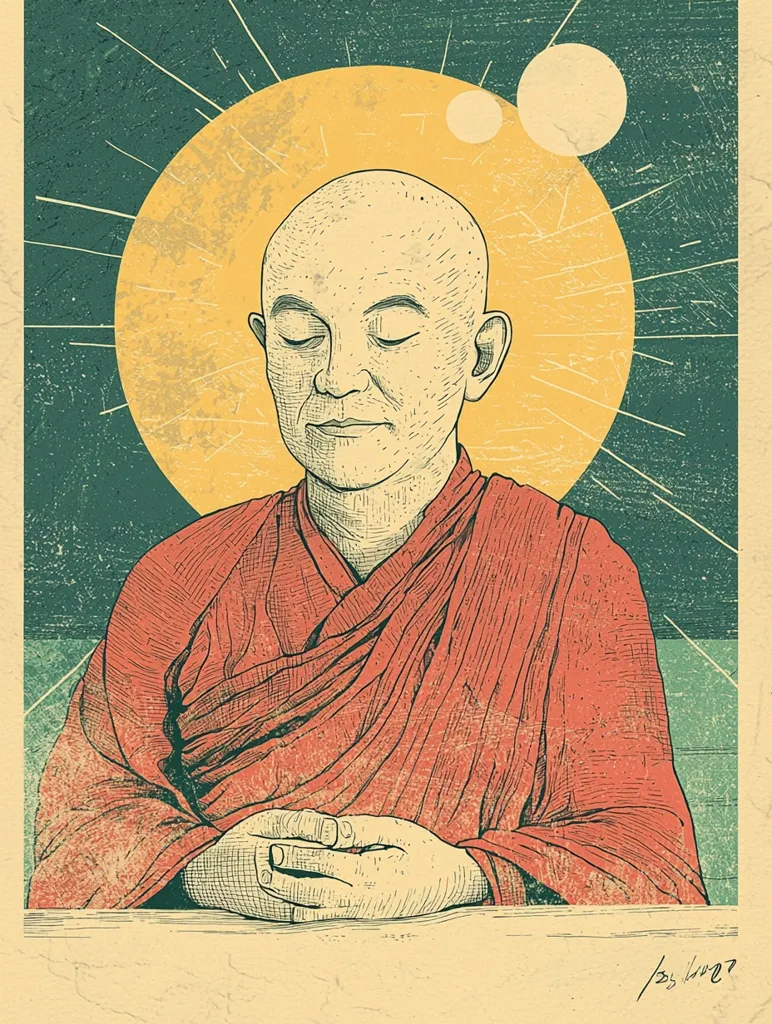 The image depicts a bald man, likely a monk, sitting in meditation with his eyes closed. He wears a red robe and sits with his hands folded in his lap. He is centered within a yellow circle with rays of light radiating outwards, against a dark green background. The image evokes peace, serenity, and spiritual contemplation.