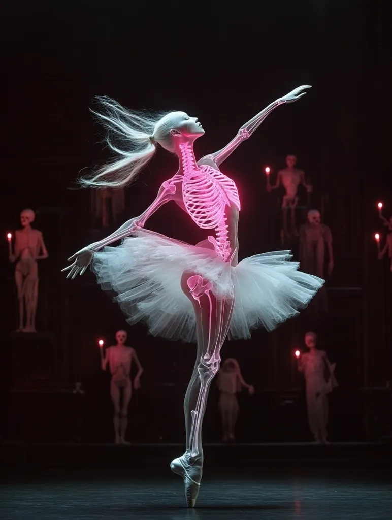 A ballerina wearing a white tutu poses on a stage. Her skeletal structure is visible, glowing pink against a dark background. Other figures, blurred and indistinct, stand behind her.  The image creates a sense of otherworldliness and the ephemeral nature of performance.