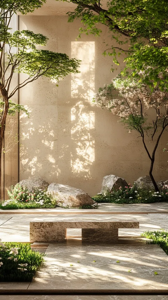 A tranquil outdoor space with a stone bench and a large beige wall adorned with the shadows of trees. The wall has a rectangular window that lets in dappled sunlight. Greenery and flowers add vibrancy to the scene, and large stones create natural accents. The overall aesthetic is serene and minimalist.