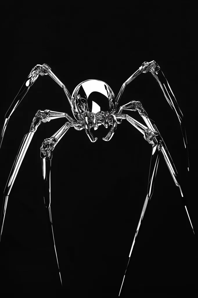 A 3D rendering of a metallic spider with a shiny, reflective body. The spider is depicted in a menacing pose, with its legs spread out and its fangs bared. The image is set against a black background, which makes the spider stand out even more. The spider's shiny, metallic body is contrasted by the darkness of the background, creating a striking visual. The spider's segmented legs and fangs are detailed, and the image gives the impression that the spider is about to pounce. The image is unsettling yet captivating.