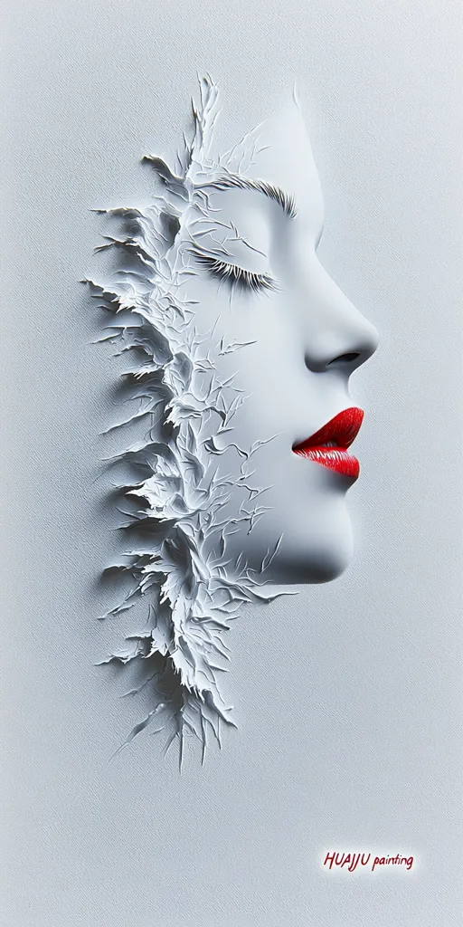 The image is a close-up of a woman's face, painted in a white, 3D style. The woman's eyes are closed, and her lips are painted a vibrant red. The paint is textured and appears to be peeling away, creating a unique and abstract effect. The background is a plain white. The caption "HUAIJU painting" is visible at the bottom of the image.