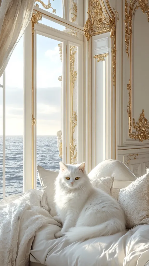 A fluffy white cat sits on a luxurious white couch in a room with a large window overlooking the ocean. The room is decorated with ornate gold trim and white curtains. The cat's white fur blends seamlessly with the plush pillows and bedding, creating a serene and elegant atmosphere. Sunlight streams through the window, casting a warm glow on the scene.