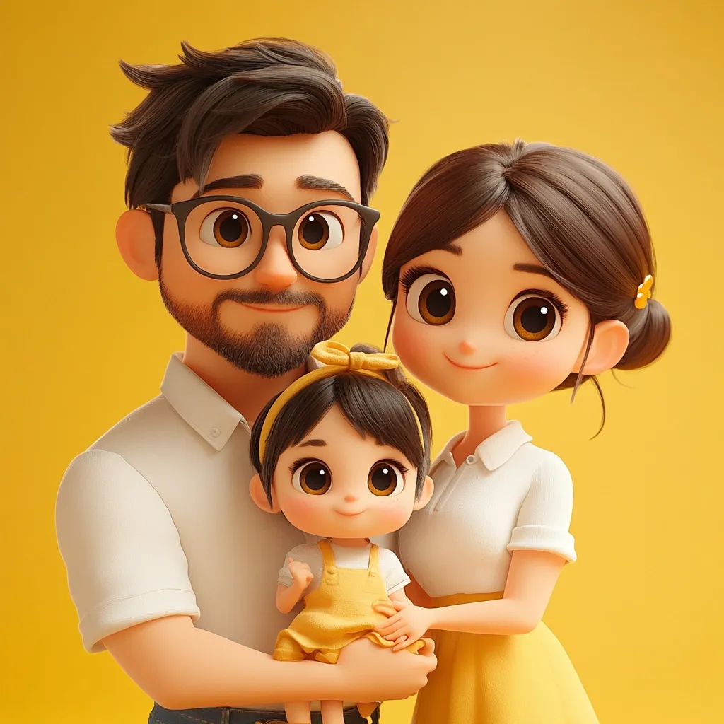 The image shows a cartoon family of three. The father is wearing glasses and a white shirt, the mother is wearing a white collared shirt and yellow skirt and the daughter is wearing a yellow dress. The family is smiling and looks happy. The background is a bright yellow color. The image is likely depicting a happy and loving family.