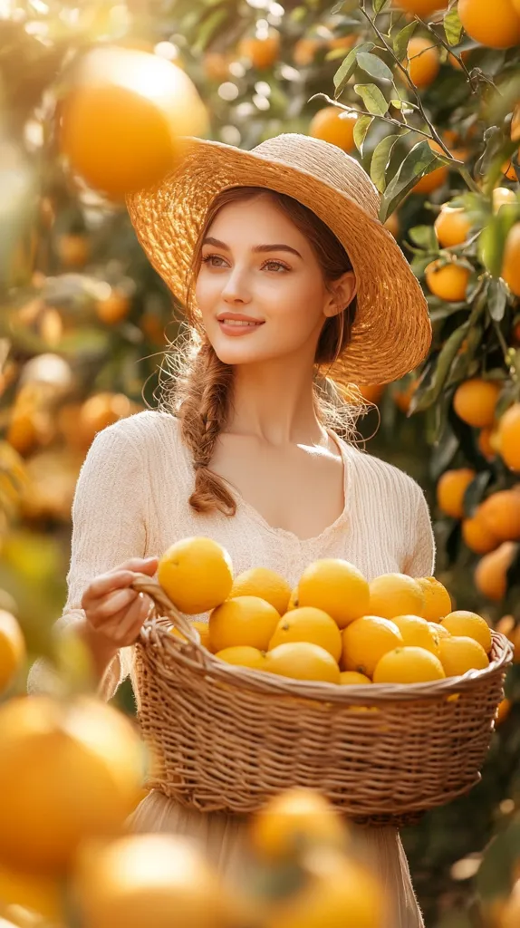 A young woman with long braided hair, wearing a straw hat and a white sweater, is standing in an orchard. She is holding a woven basket filled with ripe oranges. The sun shines brightly on her face as she smiles, surrounded by the golden hues of the orchard. The scene depicts a peaceful and idyllic moment, with the woman enjoying the fruits of her labor in the warm sunshine.