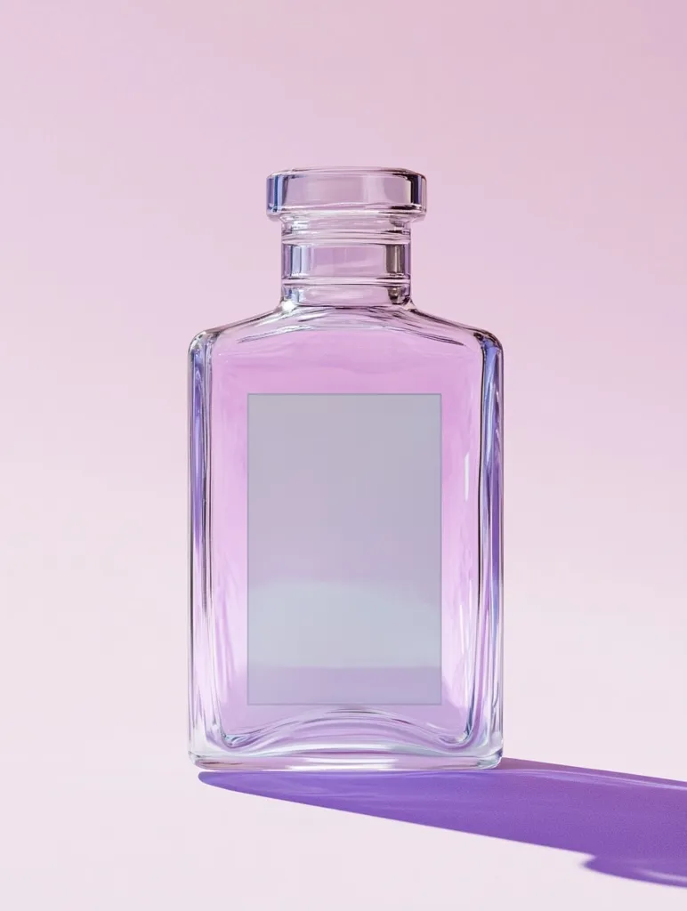 A clear glass bottle of perfume sits on a soft pink surface, casting a long, purple shadow. The bottle has a simple rectangular shape with a square label in the center. The label is blank, providing space for a brand name or design. The light reflects beautifully on the glass, highlighting its elegant form.  The image captures a sense of luxury and sophistication.
