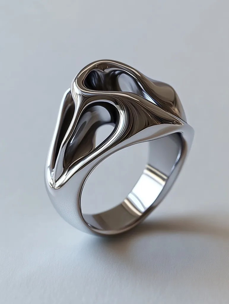 A smooth, silver ring with a unique, abstract design. The ring's band is thick and rounded, while the top features a swirling, organic shape with a hollow center. The metal is highly polished, reflecting light and creating a sense of depth. The ring is set against a plain, white background, highlighting its intricate details.