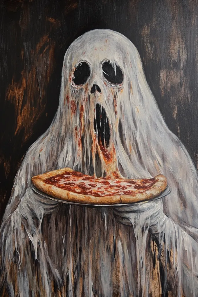 A horrifying ghost, with dripping white and red flesh, holds a pizza slice. Its face is gaunt and pale, with large black eyes and an open mouth. The pizza looks appetizing, creating a strange contrast with the ghost's menacing appearance. The background is dark and textured, adding to the eerie atmosphere. The image suggests a macabre humor, playing with the juxtaposition of the mundane and the supernatural.