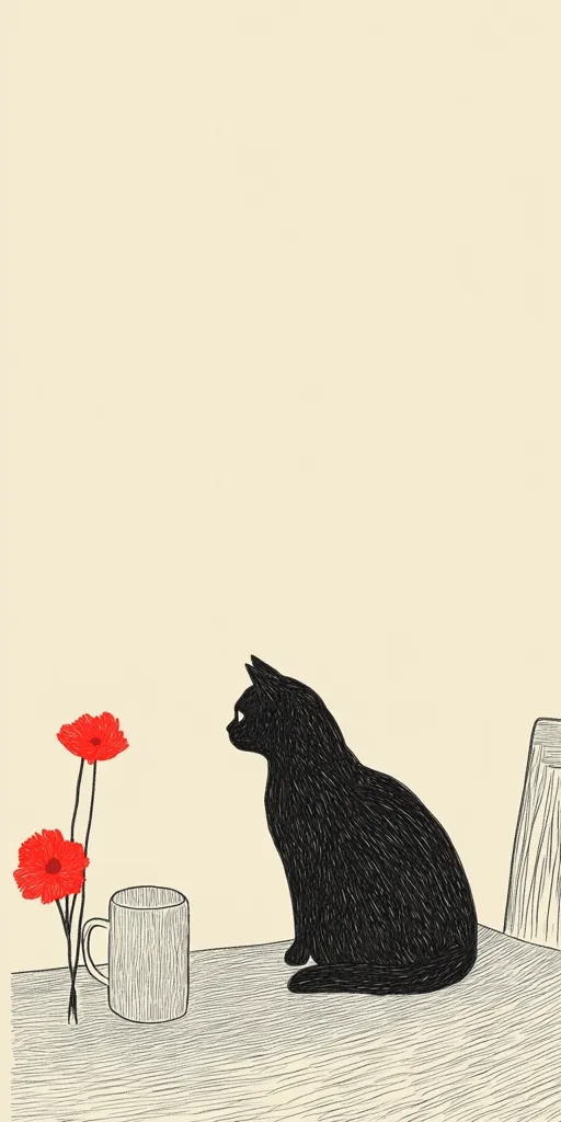 A black cat sits on a table, gazing at a vase with three red flowers. A white mug sits on the table next to the cat, with a chair in the background. The image is drawn in black and white on a cream background. The simple lines and minimalist style create a calm and serene atmosphere.