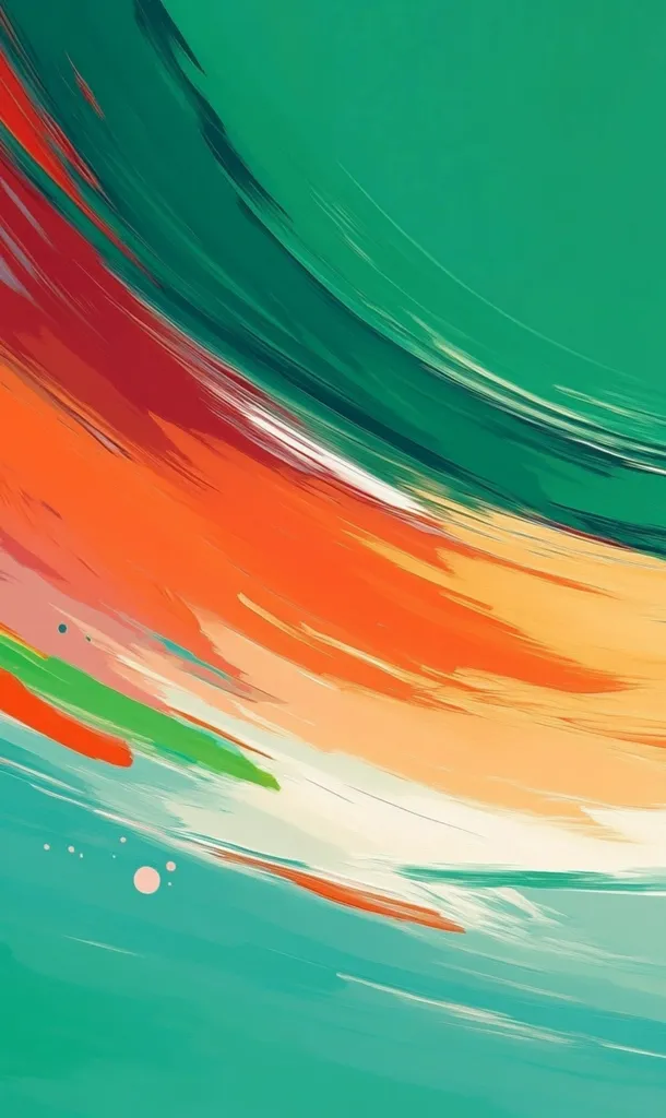 The image is an abstract painting composed of bold strokes of color. The background is a vibrant green, fading to a lighter shade towards the bottom.  Bands of red, orange, and yellow curve across the canvas, creating a sense of depth and movement.  Subtle hints of blue and white add to the complexity of the composition. The overall effect is one of energy and fluidity.