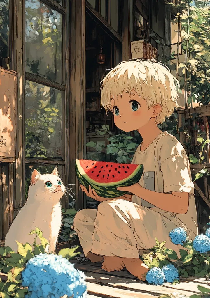 A young boy with blonde hair sits on a wooden porch, holding a slice of watermelon. He looks down at a white cat sitting on the ground, surrounded by blue flowers. The boy is wearing a white shirt and white pants, and the scene is bathed in warm sunlight. The image evokes a sense of peaceful tranquility and summery bliss.