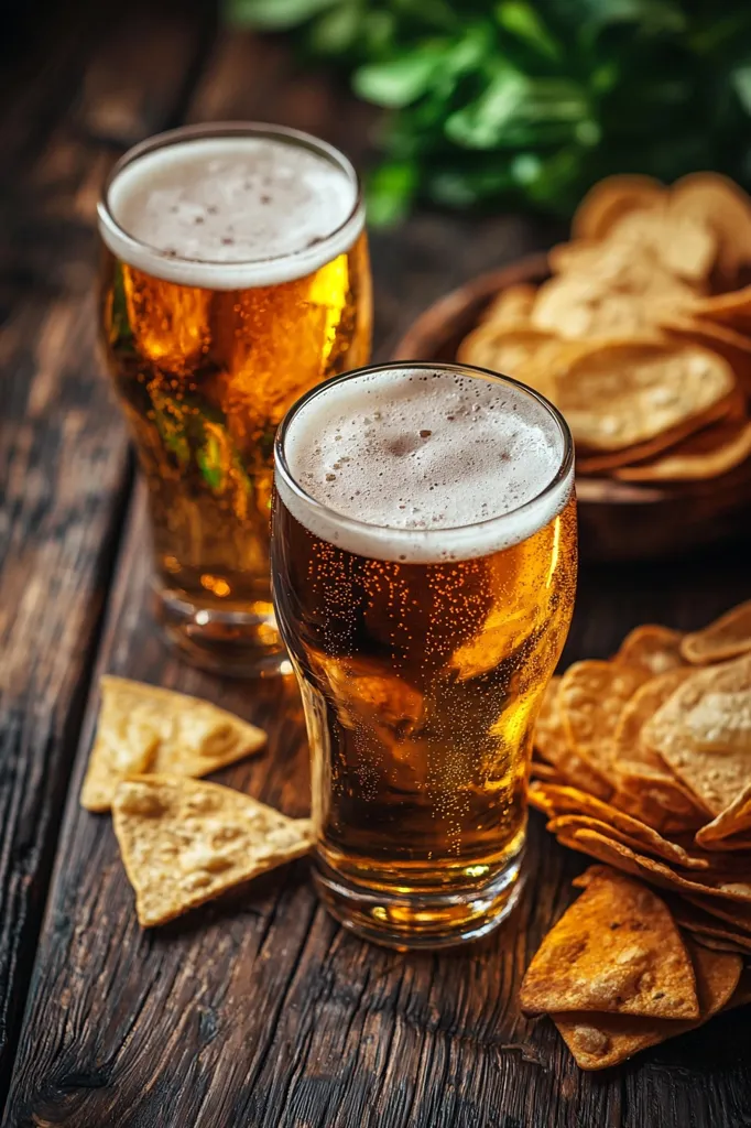 Two glasses of beer sit on a wooden table next to a pile of tortilla chips. The beer is golden in color and has a thick head of foam. The chips are triangular and crispy, and they are scattered around the glasses. The table is dark and rustic, and there is a green plant in the background.