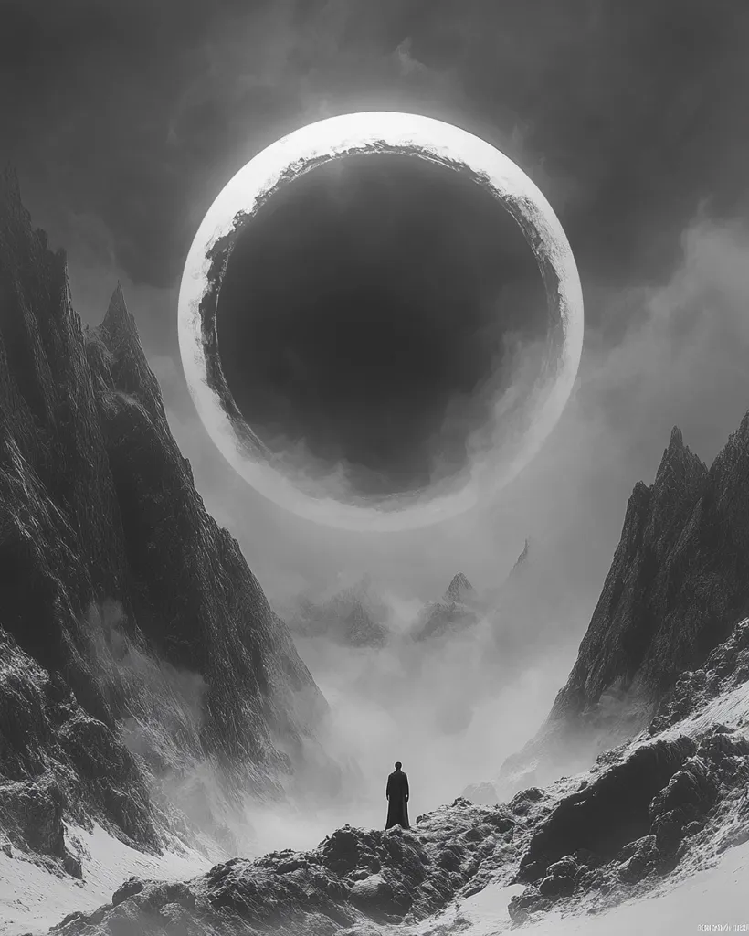 A solitary figure stands atop a snow-covered mountain, gazing at a colossal, ring-shaped celestial body hovering above. The vast, gray sky is dominated by the ring, its dark interior casting an ominous shadow over the mountainous landscape. The scene evokes a sense of isolation and wonder, as the lone figure contemplates the enigmatic presence in the sky.