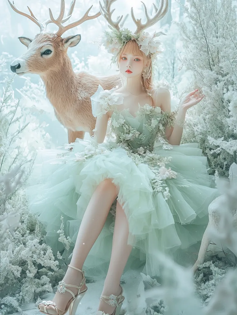 A young woman in a flowing green dress sits in a snowy forest, a deer standing behind her. Her hair is styled with a floral crown, and she wears delicate, sparkly shoes. The image has a whimsical, fairytale-like quality, with a focus on soft, natural light and ethereal textures.