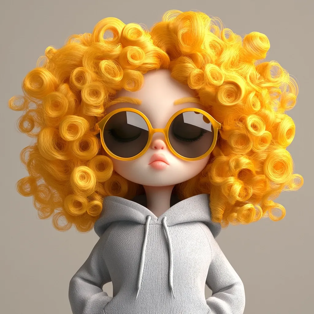 A cartoon girl with bright yellow curly hair, wearing large round sunglasses and a grey hoodie, looks at the camera with a serious expression. Her face is detailed with delicate features. The background is a simple, light grey.