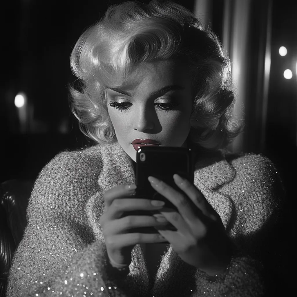 A woman with platinum blonde hair styled in a glamorous fashion sits in a dimly lit room, engrossed in her smartphone. She wears a textured cardigan and her lips are painted in a vibrant red. The image evokes a vintage, cinematic aesthetic, emphasizing the contrast between modern technology and a classic Hollywood vibe.