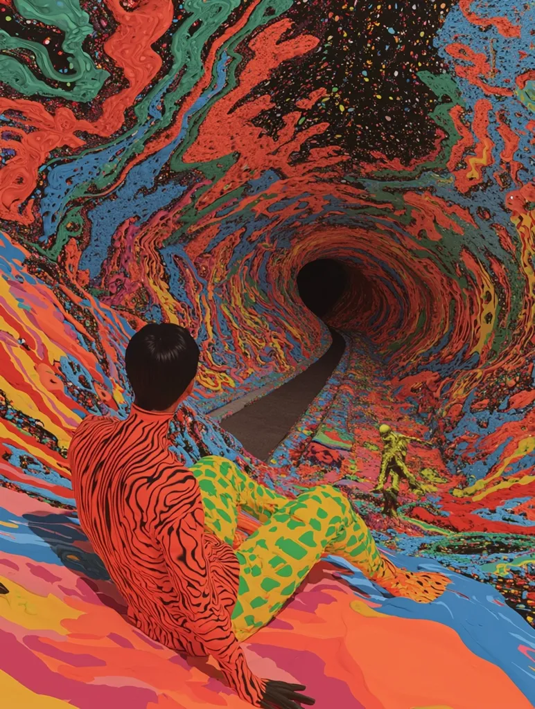 The image depicts a surreal landscape with a person in a brightly colored suit sitting on a swirling, psychedelic surface. In the background, a tunnel leads into darkness, and another figure in a similar suit walks toward it. The scene is filled with vibrant colors, textures, and abstract shapes, creating a dreamlike and otherworldly atmosphere.