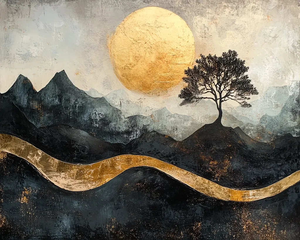 A minimalist landscape painting depicting a large, golden sun setting behind a range of dark, mountainous hills. A solitary tree stands atop a hill in the foreground, its silhouette stark against the glowing orb. A thin, gold ribbon of a path winds its way through the hills, disappearing into the distance. The overall effect is one of quiet contemplation and the vastness of nature.