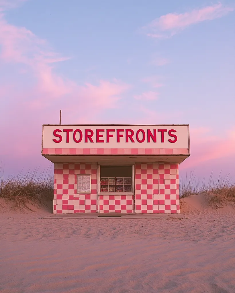 A small, pink and white checkered building with a sign that reads "Storefronts" sits on a sandy beach. The sky above is a soft pink, with wispy clouds. The building has a single window and appears to be a small shop or kiosk. The scene is bathed in a warm, nostalgic light.