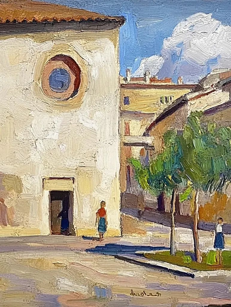 The painting depicts a street scene in a European town. A white building with a round window and a doorway is on the left. A small, green tree stands in front of it. Another building with a yellow facade is visible in the background. The street is empty, but there are two figures in the distance. The sky is blue with white clouds. The overall impression is of a quiet, peaceful scene, painted in a loose and expressive style.