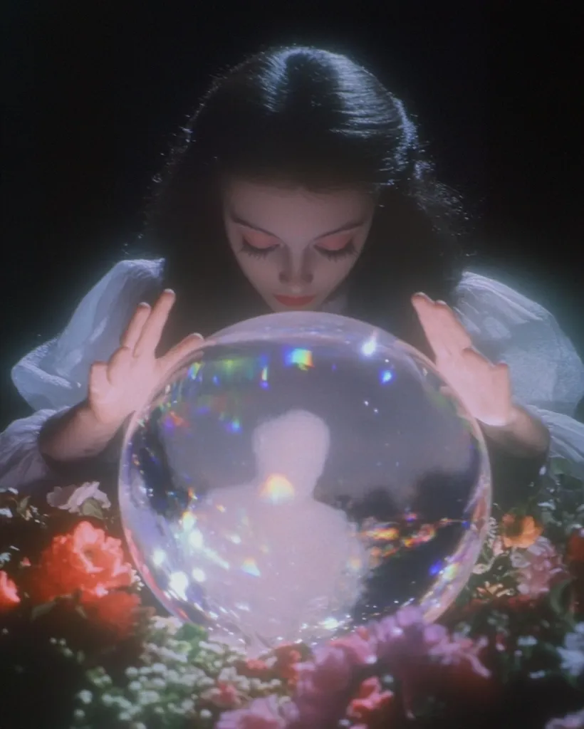 A woman with long dark hair gazes intently into a crystal ball. The ball is surrounded by vibrant pink and white flowers. The woman's eyes are wide with a mix of curiosity and perhaps a touch of fear. The reflection inside the ball is unclear, adding to the mystique of the scene.  The image evokes a sense of mystery and the unknown.