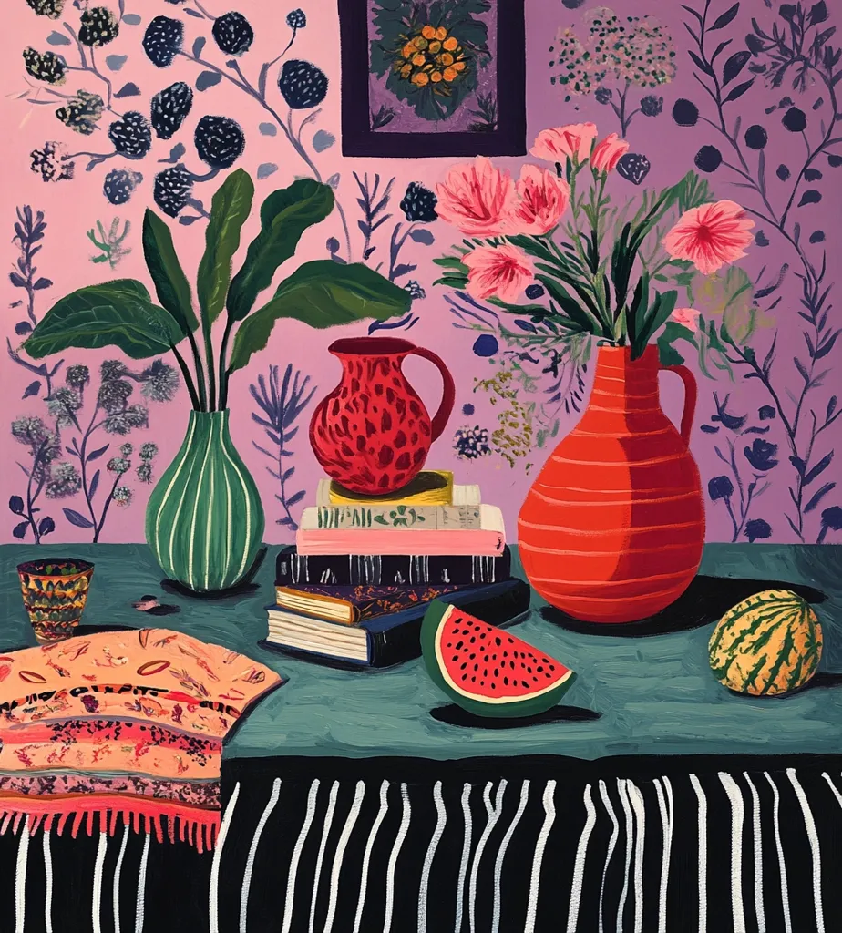 A still life painting depicting a table setting with a green tablecloth and black and white stripes. There are two red ceramic vases, one with a spotted design and the other with stripes, both holding pink flowers. There are also books, a watermelon slice, a yellow melon, and a green striped vase with leafy green stems.  The background is a purple wall with a floral pattern.  The painting is rendered in a whimsical and slightly cartoonish style.