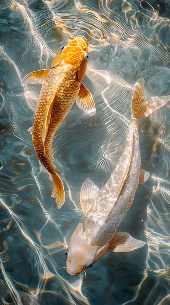 Two koi fish swim in a clear pond. The top fish is gold with orange scales, while the bottom fish is a creamy white. The water is rippling and shimmering with sunlight, giving the fish a luminous quality.  Their tails and fins are spread out, creating a sense of graceful movement.