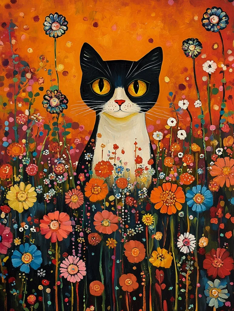A black and white cat with large, yellow eyes stands amidst a vibrant field of flowers. The flowers are a variety of colors and shapes, blooming against a warm orange background. The cat's gaze is direct, almost challenging the viewer, while the flowers create a playful and whimsical atmosphere. The painting captures a sense of both whimsy and mystery, inviting the viewer to explore the world of the cat and the flowers.