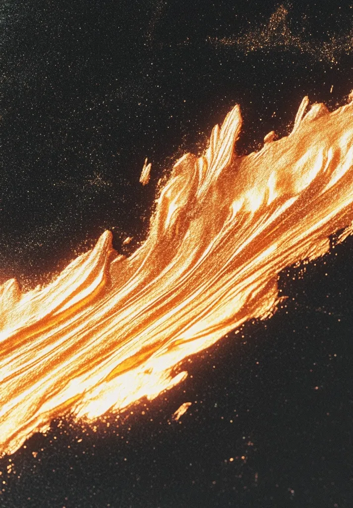 A wave of molten gold spills across a dark, starry background. The liquid metal flows in a sinuous curve, its surface shimmering with light. The contrast between the fiery orange gold and the deep black creates a dramatic and captivating image. The gold appears to be a viscous liquid, possibly molten metal or glass, suggesting heat and intense energy. The image has a slightly abstract quality, leaving room for interpretation and imagination.