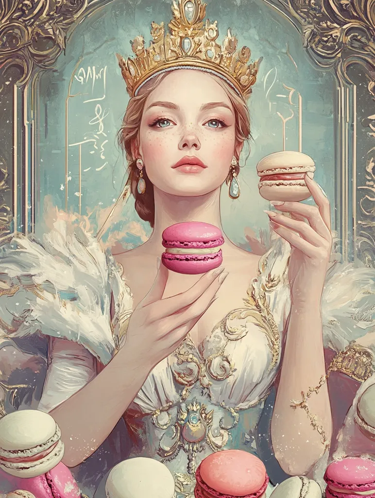 A young woman wearing a beautiful white dress and a golden crown holds a pink macaron in her right hand. She gazes intensely at the viewer, her face painted with delicate makeup. The background is a soft blue with ornate golden accents, suggesting a regal and elegant setting. Several other macarons are scattered around, adding to the image's sweet and luxurious theme.  The artwork is likely inspired by fairy tales or fantasy, showcasing the woman's beauty and the allure of the treats.